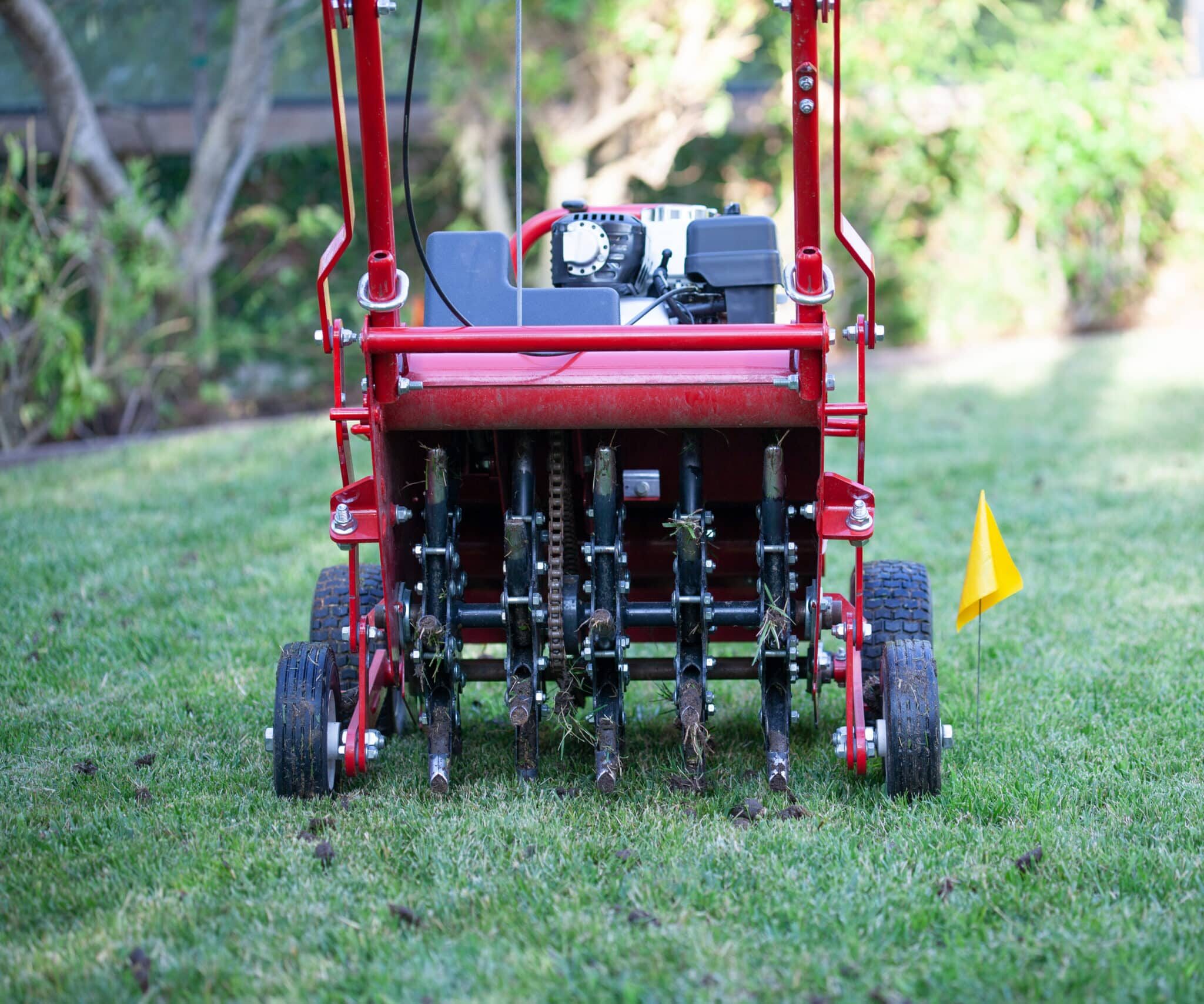 Red grass lawn aerator