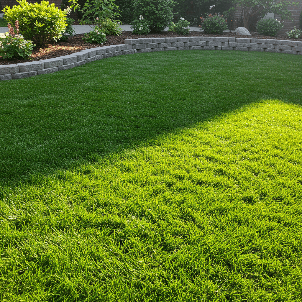 Vibrant green lawn with thick, healthy grass, showcasing the finished results of professional aeration and overseeding services