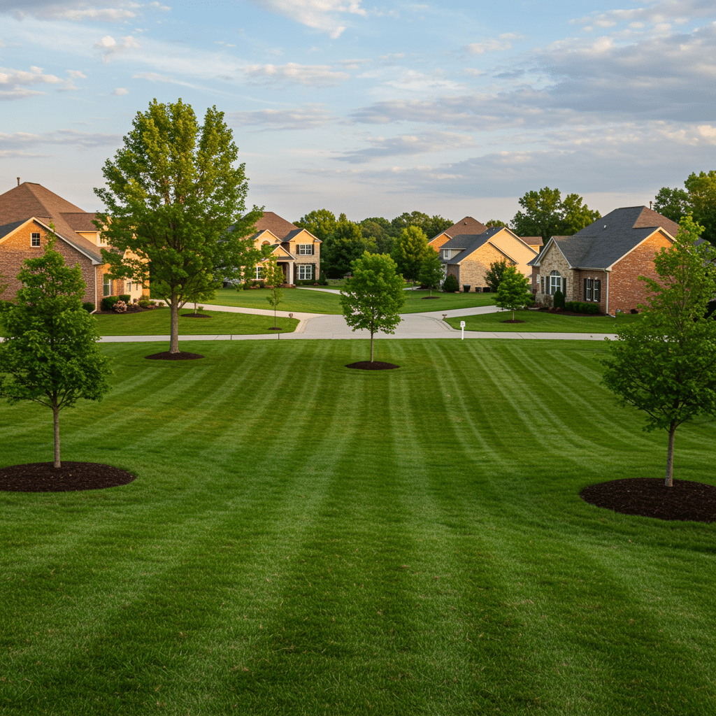 Anchorage KY residential neighborhood with lush green lawns, healthy landscapes, and well-maintained gardens, representing fertilizer, weed control, mosquito control, and aeration and overseeding services at 3500 Mattingly Rd Buckner KY 40010-8801