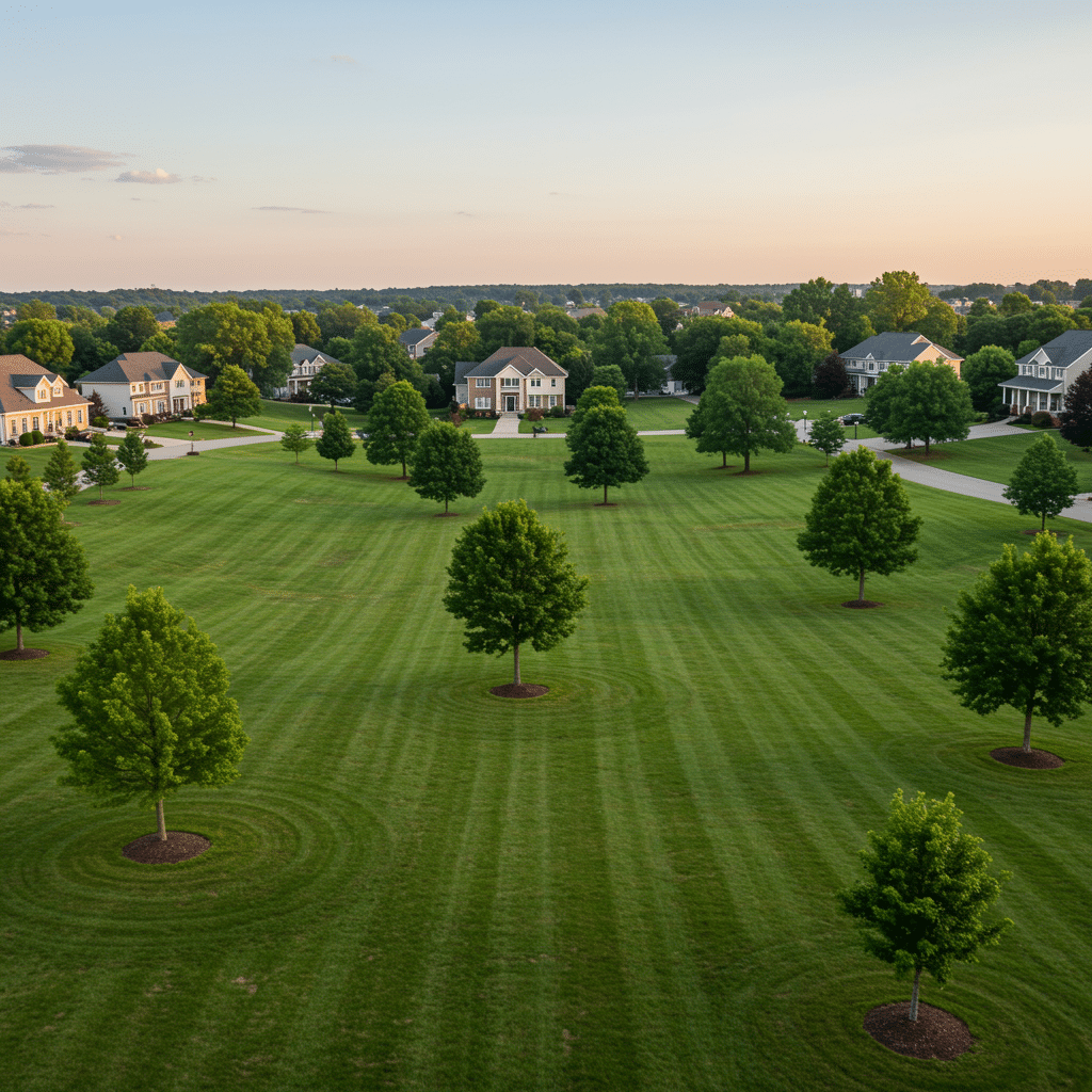 Anchorage KY neighborhood with pristine, healthy green lawns and elegant homes showcasing expert fertilizer, weed control, mosquito control, and aeration and overseeding services at 3500 Mattingly Rd Buckner KY 40010-8801