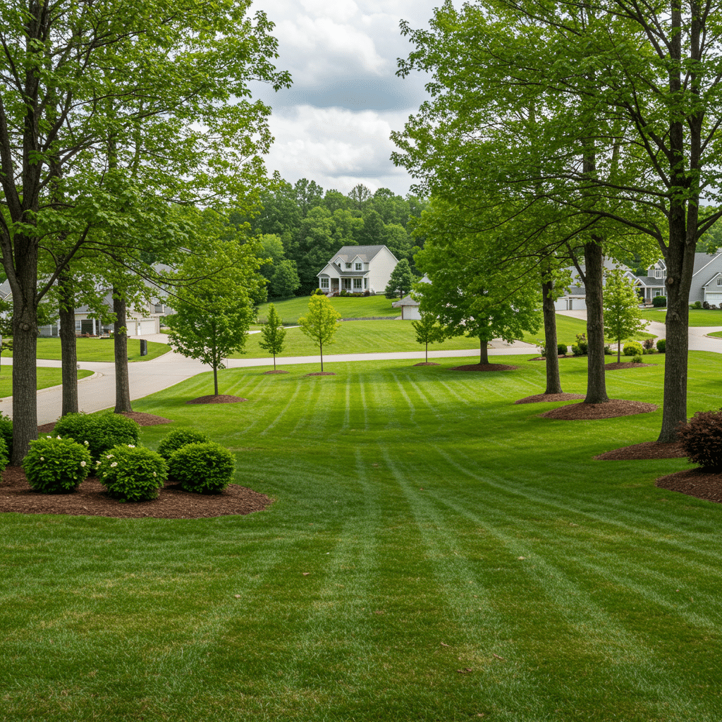 Panoramic view of Anchorage, KY neighborhood with lush, healthy green lawns and manicured landscaping beds, representing expert fertilization, weed and mosquito control, and aeration services near 3500 Mattingly Rd Buckner KY 40010-8801