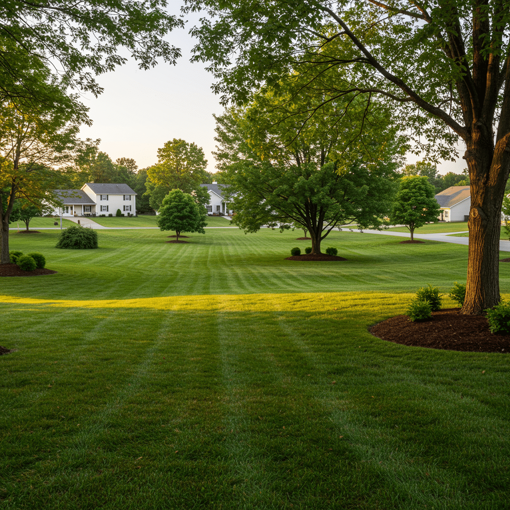 Panoramic view of a Buckner, KY neighborhood with lush, professionally maintained lawns and pristine landscaping, showing the results of fertilizer, weed control, mosquito spraying, and aeration services near 3500 Mattingly Rd.