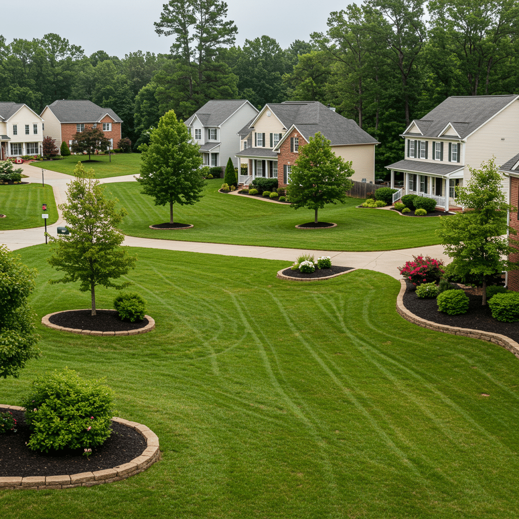 Beautiful Buckner KY neighborhood with lush green lawns, healthy weed-free turf, and vibrant landscaping, showcasing the results of professional fertilizer, weed control, mosquito spraying, and aeration services at 3500 Mattingly Rd Buckner KY 40010-8801.