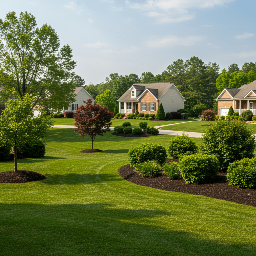 Beautifully maintained residential lawns with lush green grass and healthy landscaping in a Buckner, KY neighborhood, showcasing results of premium fertilizer, weed control, mosquito control, and aeration services at 3500 Mattingly Rd Buckner KY 40010-8801