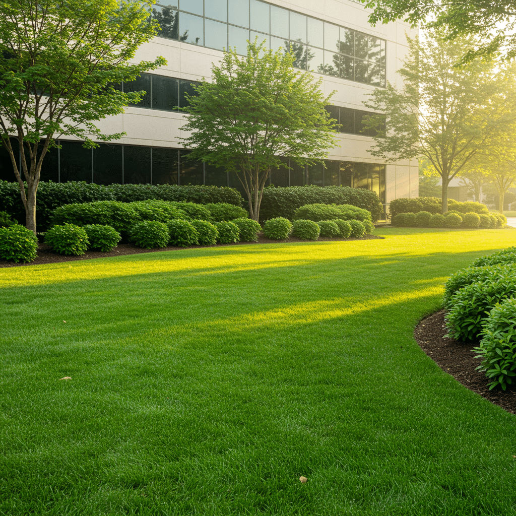 Beautifully maintained commercial property lawn featuring healthy green grass and shrubs, expertly treated with fertilizer, weed control, and mosquito control services