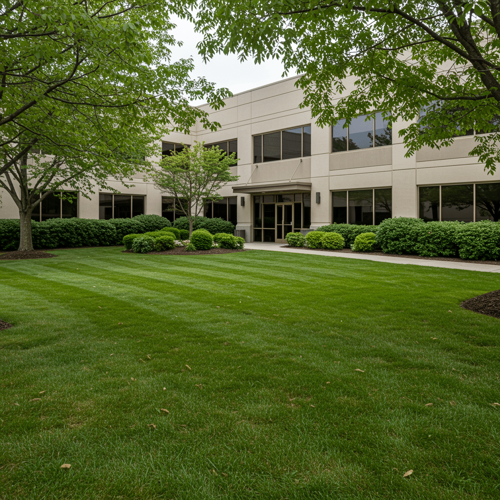 Pristine commercial lawn with vibrant green grass and manicured shrubs in front of a modern office building, showing the results of professional fertilizer, weed control, mosquito spray, and aeration services
