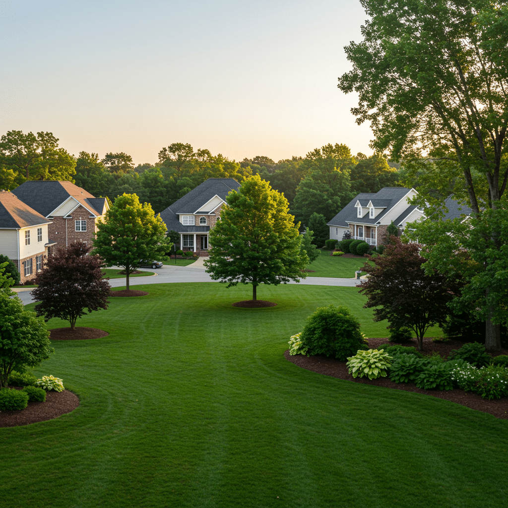 Panoramic view of a Crestwood, KY neighborhood featuring well-maintained, lush green lawns and healthy landscaping, showcasing the results of professional fertilizer, weed control, mosquito control, and overseeding services near 3500 Mattingly Rd Buckner KY 40010-8801