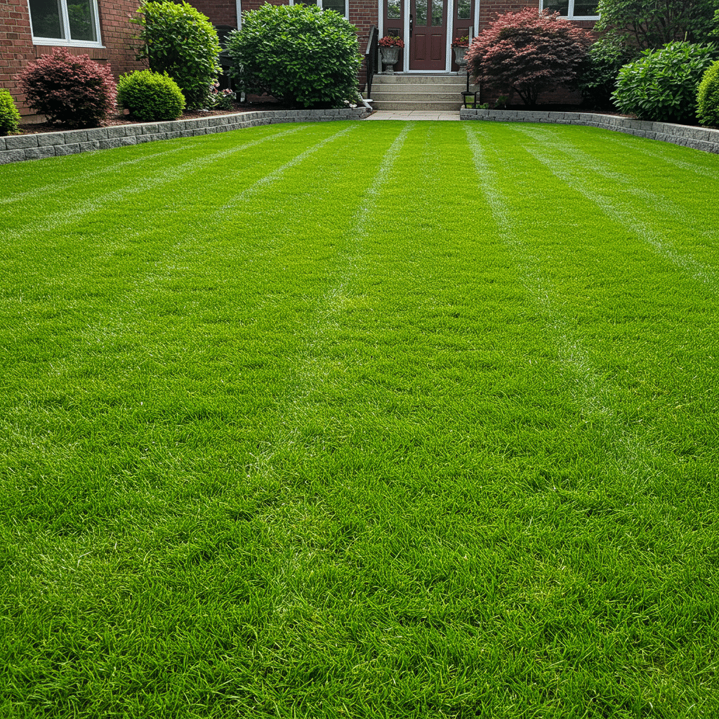 Beautiful healthy green lawn with rich grass and tidy shrubs, demonstrating expert fertilizer and weed control results from a professional lawn care service