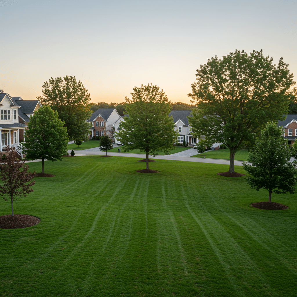 Lush, expertly maintained front lawns in a Glenview, KY neighborhood, showcasing thick green grass free of weeds and pests, with elegant homes in the background, illustrating Turf Chief Lawn Care's fertilizer, weed control, mosquito spray, and aeration services at 3500 Mattingly Rd Buckner KY 40010-8801