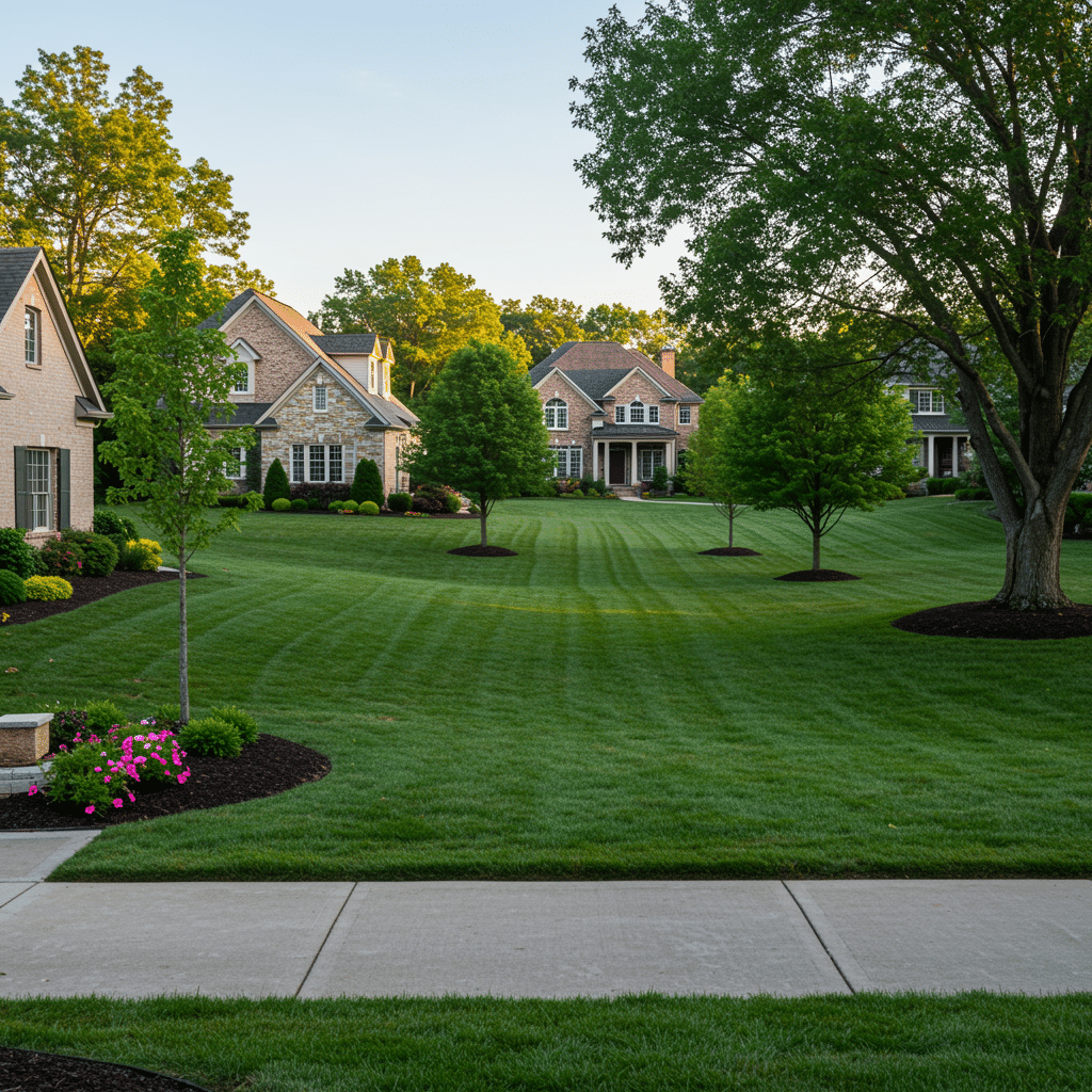 Beautiful Glenview KY neighborhood with lush green lawns and mature landscaping showcasing results of professional fertilizer, weed control, mosquito control, and aeration overseeding services at 3500 Mattingly Rd Buckner KY 40010-8801