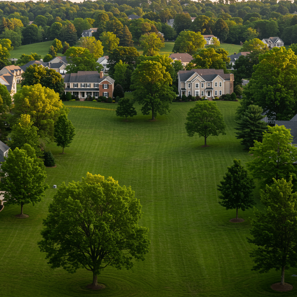 Beautiful Glenview KY neighborhood with pristine, professionally cared-for lawns and elegant homes, highlighting the results of advanced fertilizer, weed control, mosquito control, and aeration services by a local lawn care company near 3500 Mattingly Rd Buckner KY 40010-8801
