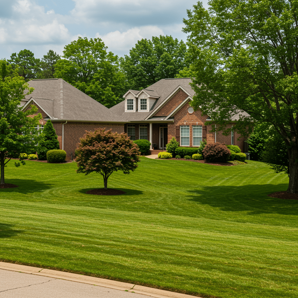 Beautiful green lawns in Louisville, KY neighborhood featuring healthy, weed-free grass and well-kept landscapes, representing advanced fertilizer, weed control, mosquito spray, and aeration services near 3500 Mattingly Rd Buckner KY.