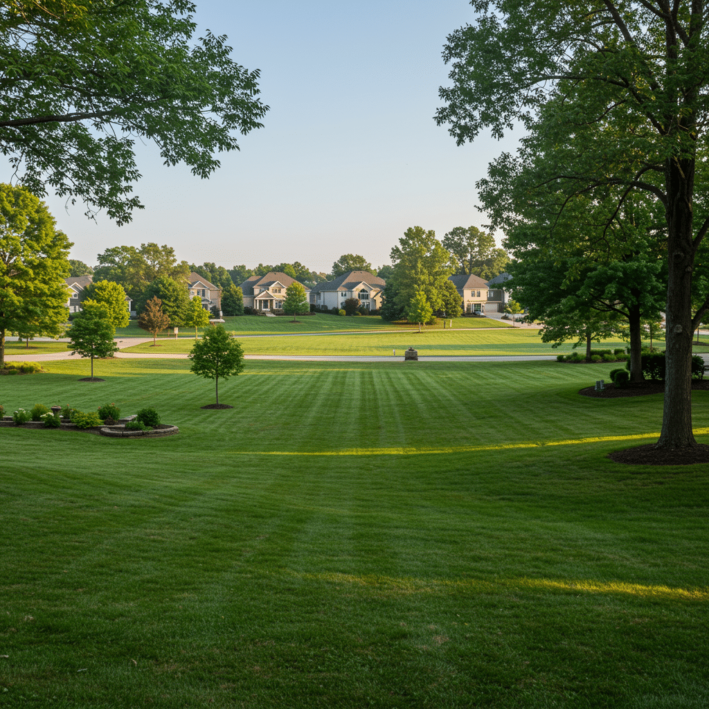 Beautiful, healthy lawns in a Louisville, KY neighborhood showcasing expert fertilizer, weed control, mosquito control, and aeration services by a lawn care company at 3500 Mattingly Rd, Buckner, KY 40010-8801.