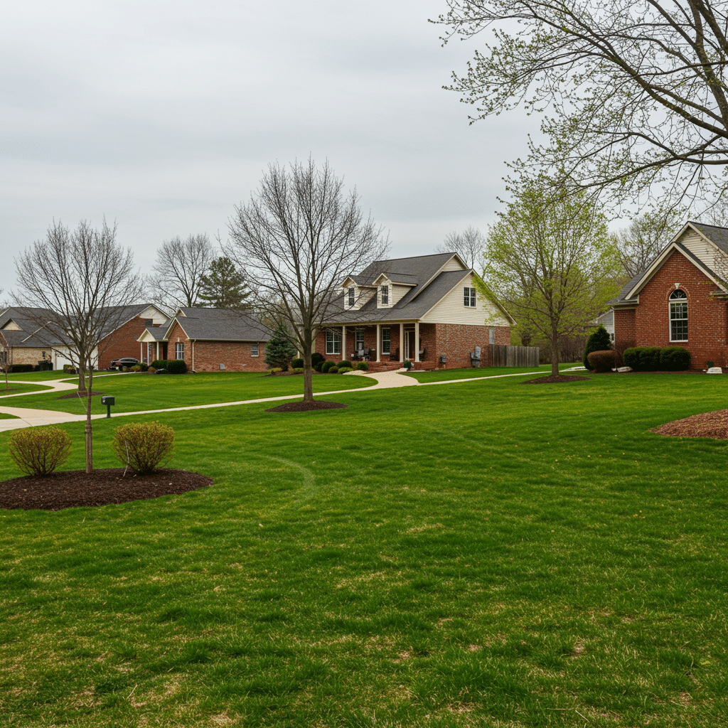 Neighborhood in Louisville, KY with lush, weed-free lawns and healthy green grass, representing professional fertilizer, weed control, mosquito control, and aeration and overseeding services near 3500 Mattingly Rd Buckner KY 40010-8801.