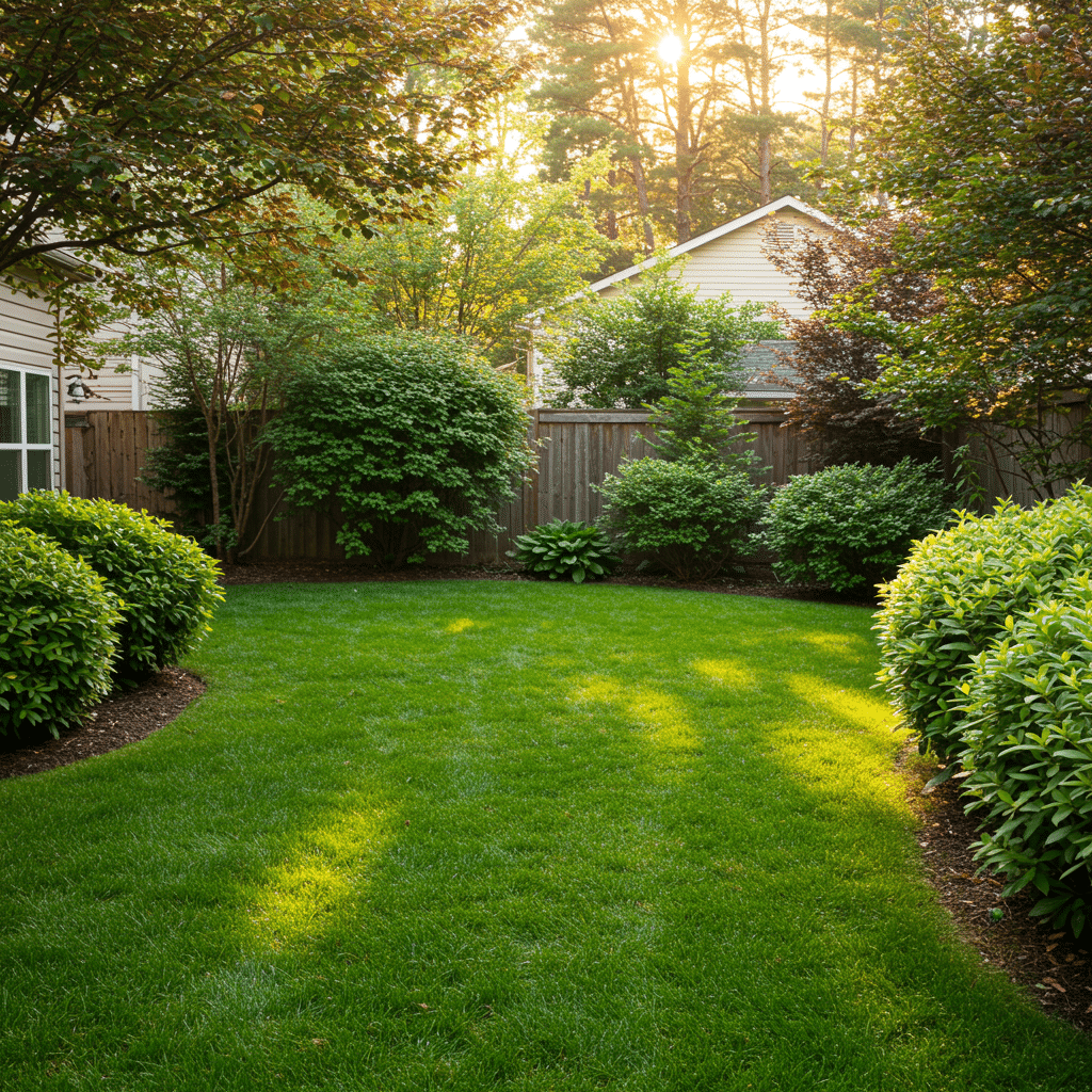 Backyard with thick, vibrant turf and neatly trimmed shrubs, highlighting a mosquito-free environment after professional mosquito control service