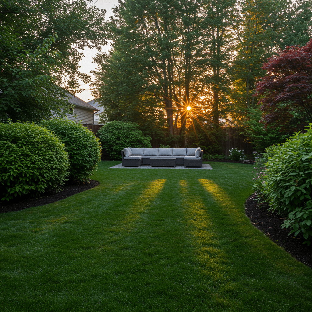 Beautiful backyard lawn with lush green grass after professional mosquito control spraying, featuring healthy shrubs and inviting outdoor space, no visible people or equipment