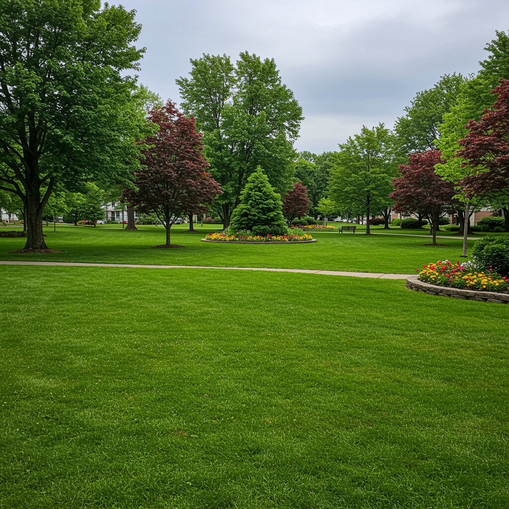 Beautiful community park with green lawns and colorful flower beds, demonstrating professional lawn care and environmental services