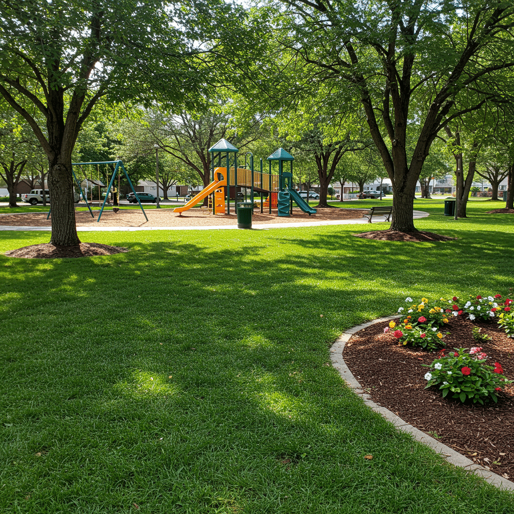 Meticulously cared-for community park lawn with lush grass and colorful landscaping, showcasing Turf Chief Lawn Care's fertilizer, weed control, and aeration expertise