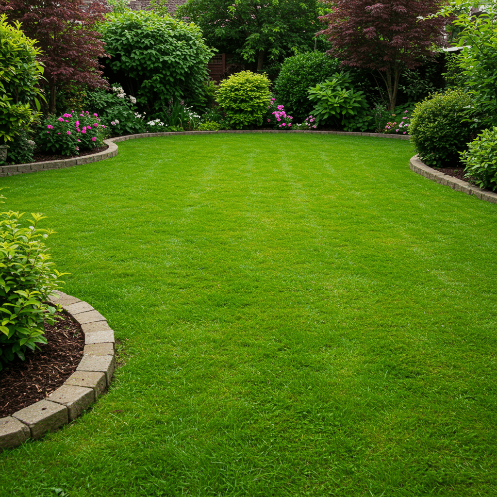 Beautiful home lawn with dense, green grass and neat garden beds, showcasing professional fertilizer, weed control, and overseeding results
