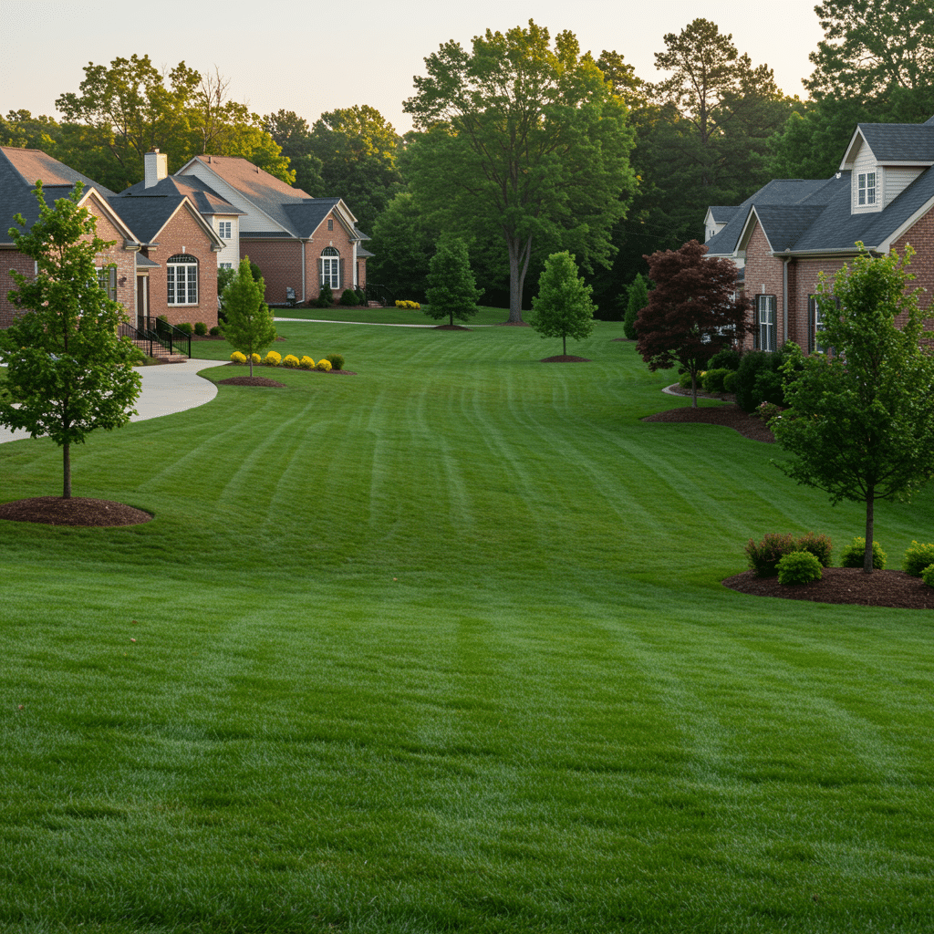 Beautiful, healthy residential lawns with lush green grass and neat landscaping in an upscale Prospect, KY neighborhood, showing results of professional fertilizer, weed control, mosquito spray, and aeration services at 3500 Mattingly Rd Buckner KY 40010-8801