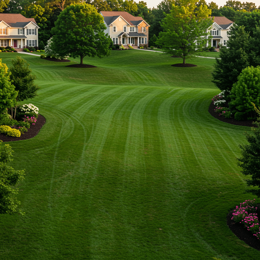 Lush, professionally maintained lawns and healthy landscaping showcasing weed-free, vibrant grass in front of elegant homes in Prospect, KY, representing advanced fertilizer, weed control, mosquito spraying, and aeration services by a lawn care expert near 3500 Mattingly Rd Buckner KY 40010.