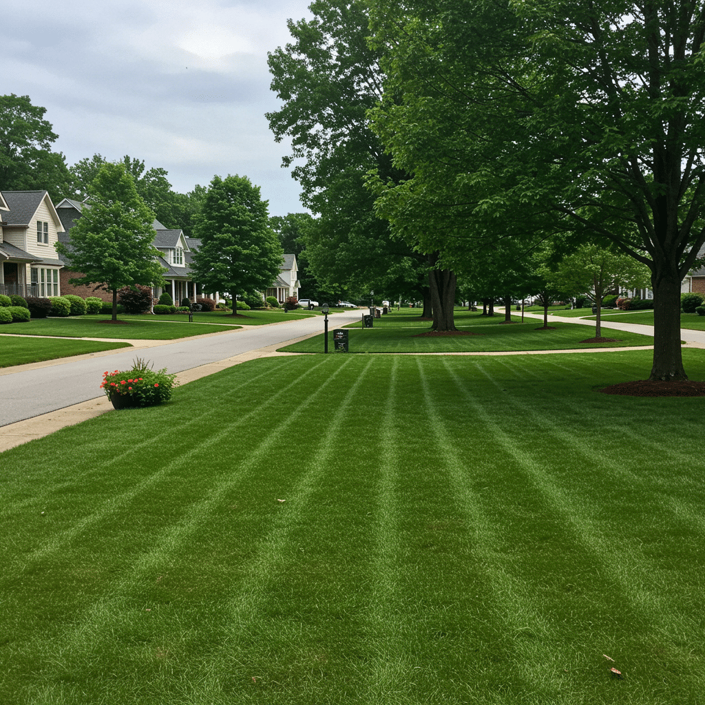 Fertilized, weed-free green lawns with healthy landscaping in front of homes in Prospect, KY, showcasing Turf Chief Lawn Care's weed control, fertilizer, mosquito spray, and aeration services at 3500 Mattingly Rd Buckner KY 40010-8801