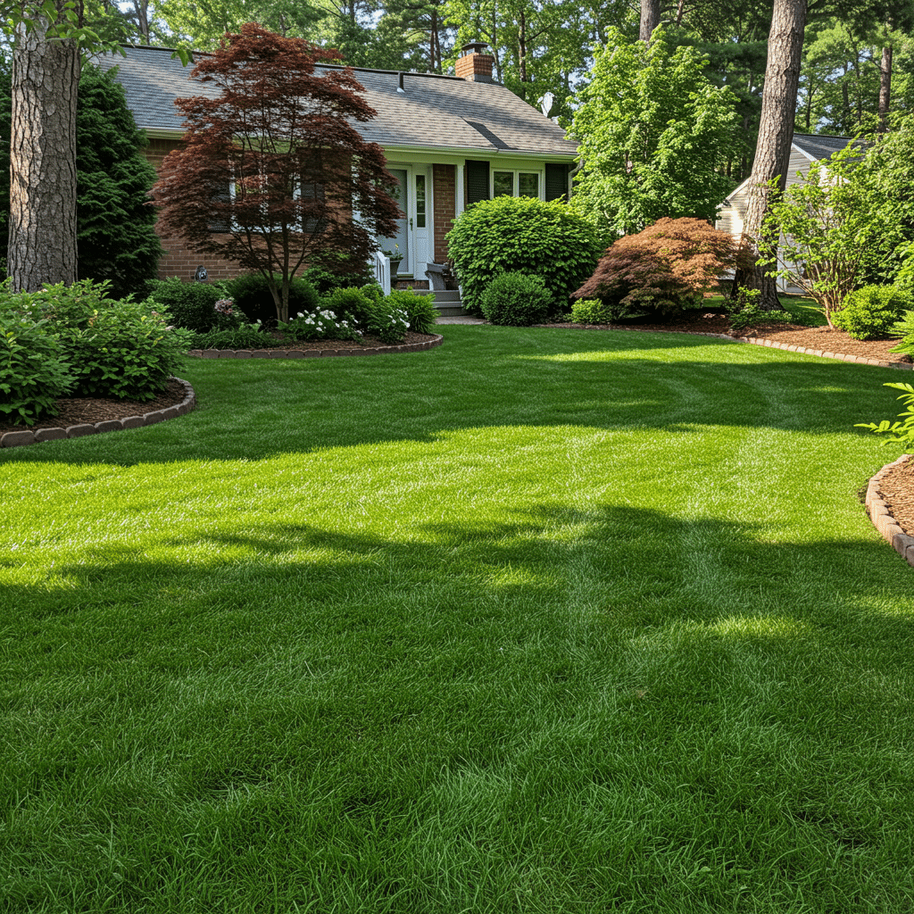 Beautifully maintained residential lawn with vibrant green grass, weed-free and healthy, showcasing professional lawn care services
