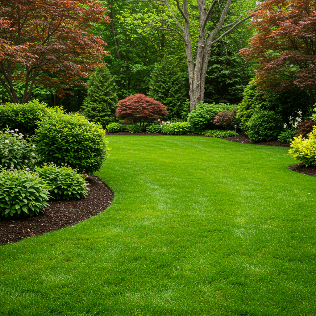 Well-maintained residential lawn with deep green grass, healthy plants, and precise borders, representing professional fertilizer and weed control services